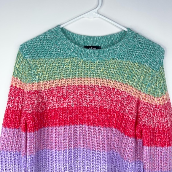 Aqua Cashmere Rainbow Stripe Sweater Crew Neck Knit Colorful Size XS - Picture 3 of 8